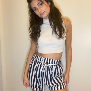 Blue and White Striped High Waisted Shorts